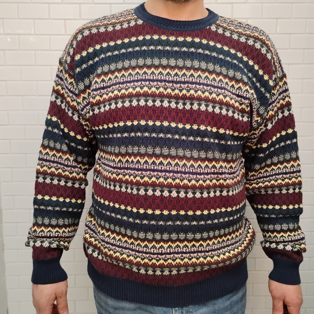 Vintage 90s Hill & Archer Size Medium Blue Red Green ‎ And Tan Mens Sweater